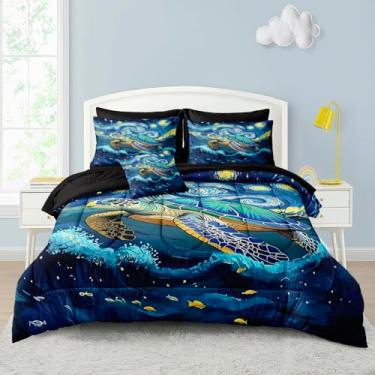 Imagem de MOVE OVER Conjunto de edredom Queen de tartaruga marinha, 8 peças, 100% microfibra macia, estampa de lua e estrelas, galáxia, céu estrelado azul