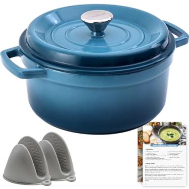 Imagem de Greatrue Forno holandês de ferro fundido esmaltado - conjunto de panelas de 5 litros com tampa - Utensílios de cozinha projetados profissionalmente para estufar, refogar, assar e assar pão (azul