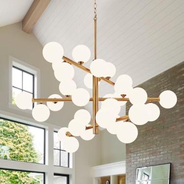 Imagem de Lustre dourado Sputnik, lustres modernos de 30 luzes para sala de jantar, luminária, bolha, leite, globo de vidro branco, lâmpada Sputnik de meados do século grande para sala de estar quarto, latão