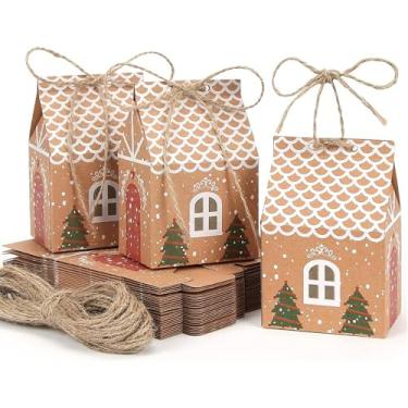 Imagem de Pacote com 10 caixas de presente para casa de pão de gengibre, caixas de presente de papel kraft marrom com barbante para lembrancinhas de festa, sacos de doces de biscoito, decorações de Natal e