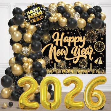 Imagem de Artigos de festa de véspera de ano novo 2026, decorações de ano novo com arco de balão de ouro preto, pano de fundo de feliz ano novo, balões de alumínio de 81 cm 2026 para decorações de feliz ano N e
