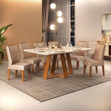 Imagem de Conjunto Sala De Jantar Mesa Com 6 Cadeiras Tampo Curvo 160cm Kiara Freijó/off White Lídia Veludo Kraft - Dj Móveis