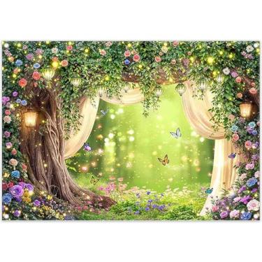 Imagem de YCUCUEI 2,1 x 1,5 m cenário de floresta encantada com glitter, conto de fadas, país das maravilhas flor borboleta lâmpada fotografia fundo Páscoa festival família decoração festa banner cabine