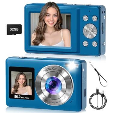 Imagem de Câmera digital, tela dupla de 56 MP com foco automático, captura de sorriso, antirvibração, zoom de 16x, cartão SD de 32 GB, presente Digicam para meninos, meninas e adolescentes