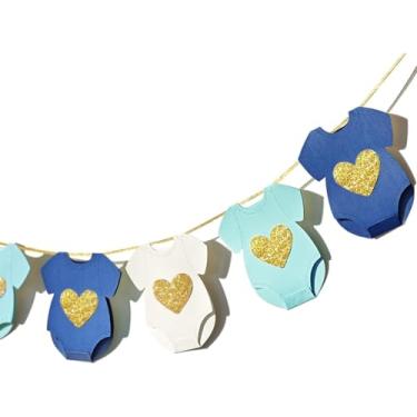 Imagem de Papel azul para chá de bebê manga curta Onesie varal revelação de gênero faixa de aniversário roupas de bebê papel 9 peças Onesie Banner