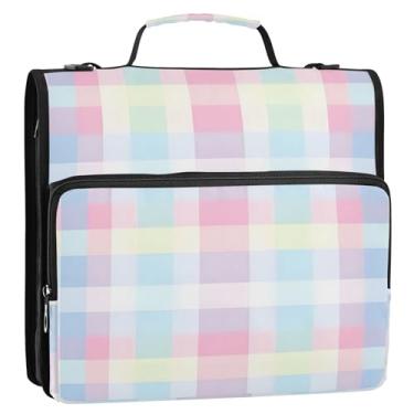 Imagem de CEBUGI Fichário de 3 anéis com zíper com alça de ombro, pasta de arquivo expansível de 3,8 cm, anéis D, para escola, escritório, tabuleiro de xadrez colorido