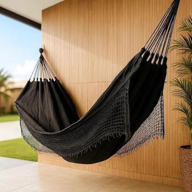 Imagem de Rede de Dormir Grande Jeans Style com Franja – Resistente para Descanso em Varanda, Jardim e Piquenique ao Ar Livre (Preto)