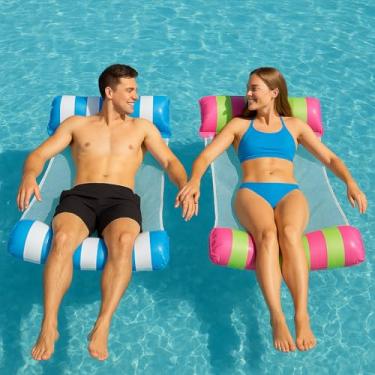 Imagem de Kit 2 Boias Rede Piscina Cama Inflável Flutuante Espreguiçadeira Adulto Descanso para Casal Cadeira de Água Premium com Encosto de Cabeça Colchão de Água Acessório Verão