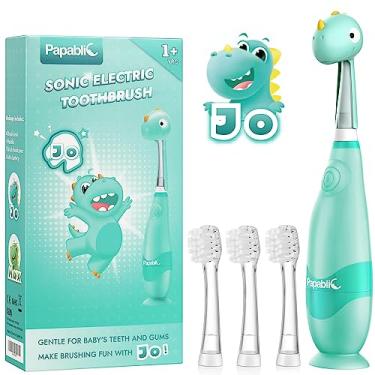 Imagem de Papablic Escova de dentes elétrica sônica infantil para crianças de 1 a 3 anos, escova de dentes elétrica para bebês com linda capa de dinossauro e temporizador de LED inteligente, 4 cabeças de escova
