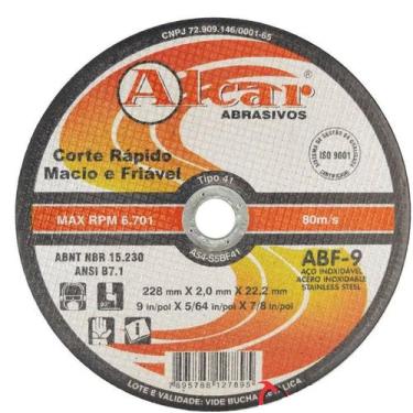 Imagem de Disco De Corte  9" X 5/64" X 7/8" Fino Inox Abf-9 Alcar Kit 25 Peças
