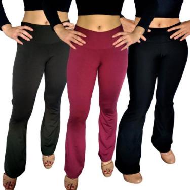 Imagem de Kit 3 Calças Femininas Flare Bailarina Cós Lisa Cores Sortidas Suplex 