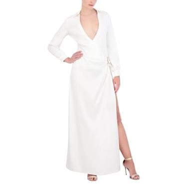 Imagem de BCBGMAXAZRIA Vestido longo feminino de manga comprida com gola sobrepeliz, Gardênia, GG