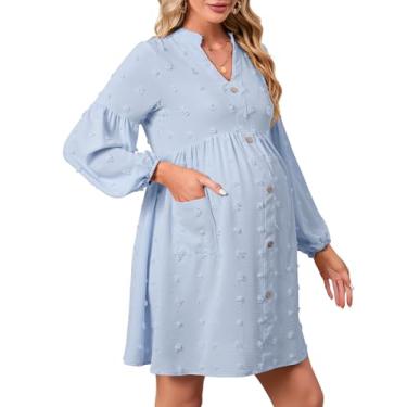 Imagem de KOJOOIN Vestido de maternidade com bolinhas suíças gola V manga comprida abotoado minivestido chá de bebê sessão de fotos com bolsos, Manga comprida - azul claro, P