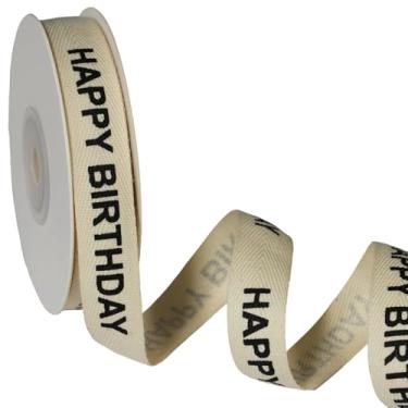 Imagem de Fita de algodão de feliz aniversário, fita de sarja natural de 1,5 cm x 10 m, acabamento em espinha de peixe creme para presentes de festa, decoração de bolos e embrulho de presente
