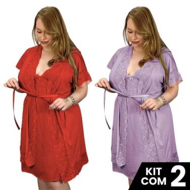 Imagem de Kit 2 Robes e 2 Camisolas Sexy Plus Sedutora Tamanho Grande Confortáve