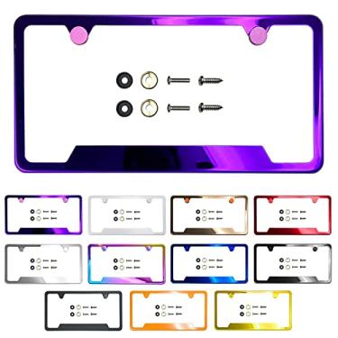 Imagem de Corte inferior Moldura de placa de licença espelho roxo galvanoplastia cromada ajuste universal parafuso de alumínio tampa tampa, aço inoxidável T304, parafusos de aço à prova de ferrugem à prova de