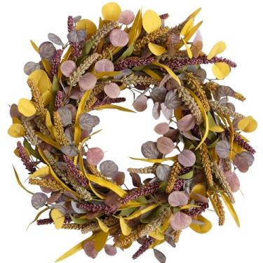 Imagem de Bibelot Guirlandas artificiais de outono de 56 cm para porta da frente, guirlanda de outono com folhas de salgueiro de eucalipto, adequada para ambientes internos e externos, alpendre, festival, dia