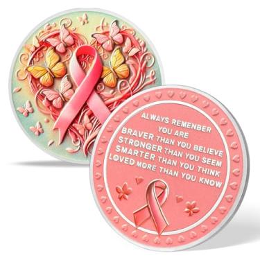 Imagem de Imasoner Fita rosa chips de câncer de mama para acessórios de conscientização sobre cuidados com o câncer, moeda borboleta câncer de mama para presentes de recuperação de mulheres, símbolos de câncer