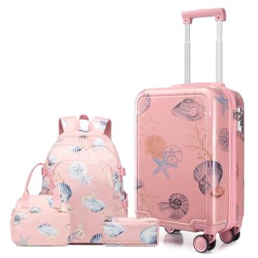 Imagem de Somago Conjunto de 4 peças de bagagem infantil com mochila para meninos e meninas Spinner 45,7 cm de policarbonato rígido com trava TSA e zíper YKK, rosa, Luggage Set, Conjunto infantil de bagagem e