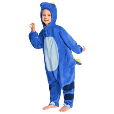 Imagem de OLAOLA Macacão infantil de animal, unissex, pijama de cosplay de pelúcia para meninas e meninos, roupa de dormir de uma peça fantasia de Halloween, Dinossauro azul, 7-9 Years