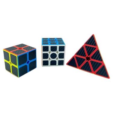 Imagem de Kit Cubo Mágico 2x2 + 3x3 + Piraminx Carbon Profissional Adesivo em Carbono