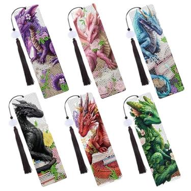 Imagem de INCOK Marcadores de livro de pintura de diamante de dragão – 6 peças de kits de arte de diamante estético DIY com borla, joia animal, artesanato, presente de Natal para estudantes, amantes de dragões