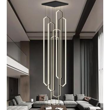 Imagem de Lustre grande de 6 anéis para escada, lustre moderno para pé direito alto, lustre LED dimerizável para hall de entrada, sala de estar, casa de campo, preto