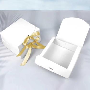 Imagem de 3 peças de caixa de presente branca com tampa e fita de papel caixas de presente perfeitas para embalagem de casamento, presentes de aniversário, dama de honra, suporte de cupcake