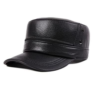 Imagem de uhyOHF Boné masculino de couro do exército, boné militar com viseira, boné de beisebol clássico, chapéu plano ajustável chapéu de caça vintage boné de caminhoneiro (preto-GG