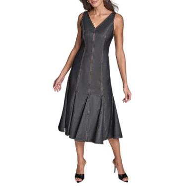 Imagem de BCBG Vestido feminino sem mangas midi jeans liso casual, Preto, 46