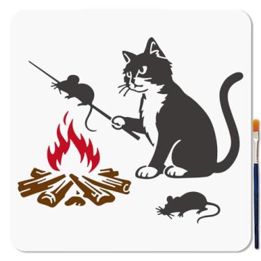 Imagem de MAYJOYDIY Estêncil de rato para assar gato, reutilizável, em bastão de fogueira para pintura, modelo de desenho de rato de lenha de 11,8 × 11,20 cm, com pincel de pintura para parede, móveis, papel