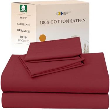 Imagem de California Design Den Jogo de cama casal 100% algodão natural com bolsos profundos - trama de cetim macio, lençóis duráveis e refrescantes (vermelho tijolo)