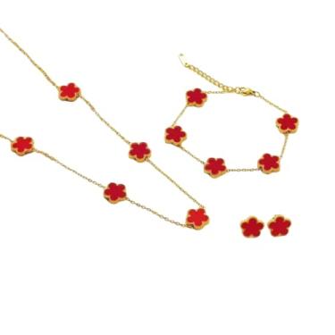 Imagem de Kit Colar Choker Pulseira Brinco Trevo Dourado Aço Inox 18k Cor Vermelho