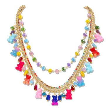 Imagem de HSWE Colar de urso doce em camadas para mulheres, engraçado, com contas de cristal coloridas, colar gargantilha com pingente de urso de acrílico para aniversário, Natal, festas, joias, presentes