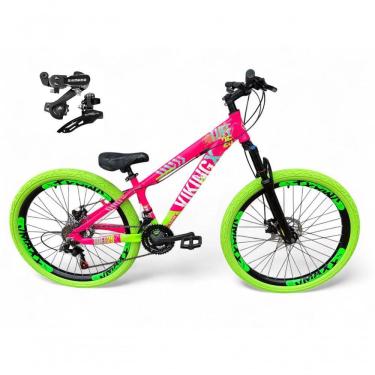 Imagem de Bicicleta Aro 26 Vikingx Tuff Câmbios Shimano 21v Freeride Freio A Disco Aro Vmaxx Pneu Flame rosa-Verde X25