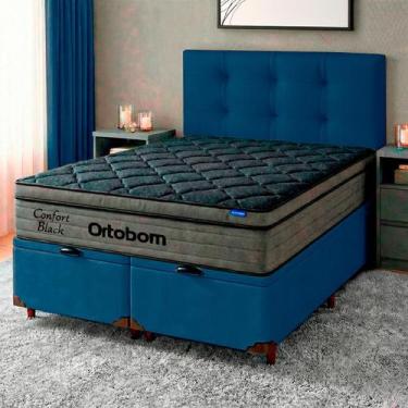 Imagem de Cama Box Bau Azul + Cabeceira + Colchão Queen Confort Black Ortobom