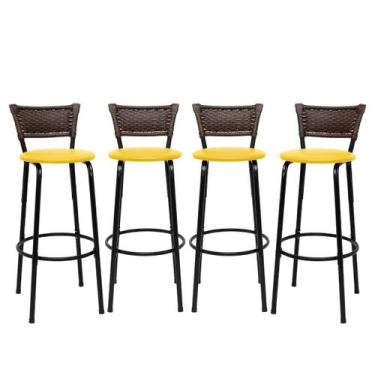 Imagem de Kit 4 Banco Banqueta Alta Encosto Junco Argila Aço Bar Balcão Gourmet 