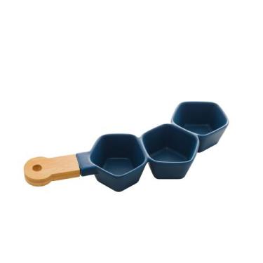 Imagem de Petisqueira Tripla Porcelana c/Cabo Bambu Azul 36x15x5cm - Bon Gourmet