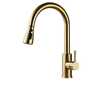 Imagem de Torneiras de cozinha cromadas/pretas/douradas, bico de pulverizador de fluxo de água fria, bico de puxar para baixo, torneira misturadora, guindaste para cozinha, a02, ouro, china