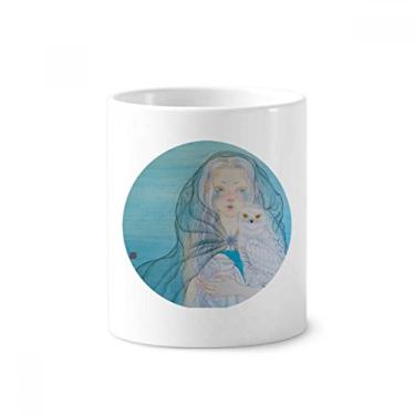 Imagem de Suporte de caneta de aquarela de coruja azul branca menina estilo chinês suporte de caneta copo lápis de cerâmica