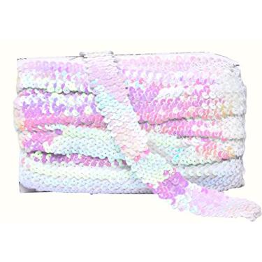 Imagem de Mandala Crafts Acabamento de fita elástica de lantejoulas - Acabamento elástico de lantejoulas brancas iridescentes de 2,5 cm para costura - Faixa de lantejoulas elásticas metálicas de 10 metros de