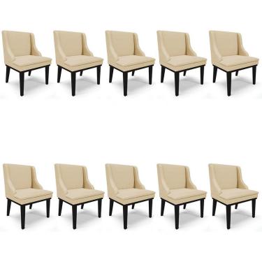 Imagem de Kit 10 Cadeiras Estofadas Para Sala De Jantar Base Fixa De Madeira Preto Lia Veludo Luxo Off White - Ibiza