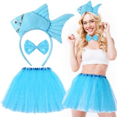 Imagem de Newcotte 3 peças fantasia de Halloween animal tutu orelhas faixa de cabeça cauda fantasia fantasia kit para jovens adultos Halloween cosplay, Azul, 18-28 Years