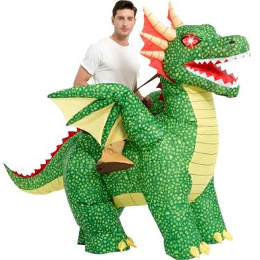 Imagem de One Casa Fantasia inflável para adultos, fantasia de dragão com olhos claros de LED, fantasia de Dia das Bruxas para homens e mulheres, Verde, 72INCH