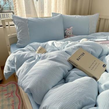 Imagem de mixinni Capa de edredom azul guingão tamanho Queen - Conjunto de cama xadrez Cottagecore de 3 peças com acabamento em renda, microfibra lavada, macia, vintage, grade estética, capa de edredom e