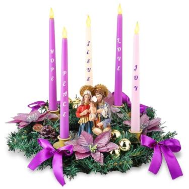 Imagem de ElectricWise Suporte de vela de guirlanda do advento de Natal, guirlanda do advento de fita roxa com estatueta de presépio, 5 copos de vela de metal, para decorações de mesa de centro de mesa, sem