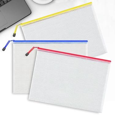 Imagem de Pacote com 3 sacos de malha com zíper A4 sacos de arquivo de plástico com zíper para escritório, viagem, material escolar, organização doméstica, armazenamento