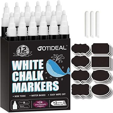 Imagem de GOTIDEAL Marcadores de giz líquido branco, pacote com 12 marcadores de lousa para janelas de carros, placas, quadro-negro, pintura de vidro, apagável 6 mm reversível cinzel e ponta de bala -..