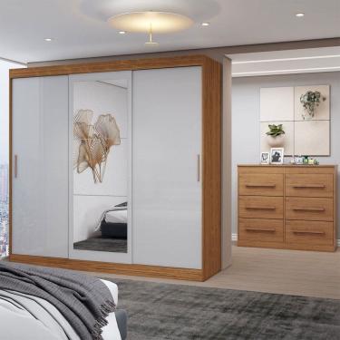 Imagem de Guarda-Roupa Casal Europa 3 Portas 2 Gavetas e Cômoda 6 Gavetas 100% Mdf com Espelho Cinamomo/Off White - Panorama Móveis