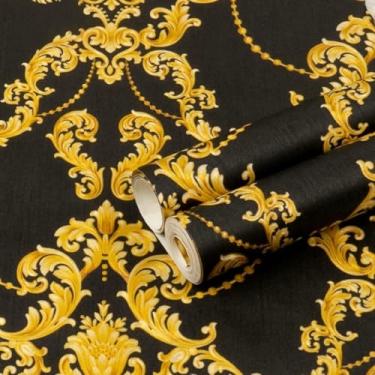 Imagem de Papel de parede clássico padronizado não tecido PVC impermeável espesso não autoadesivo para uso doméstico na sala de estar, quarto e estudo, preto e dourado